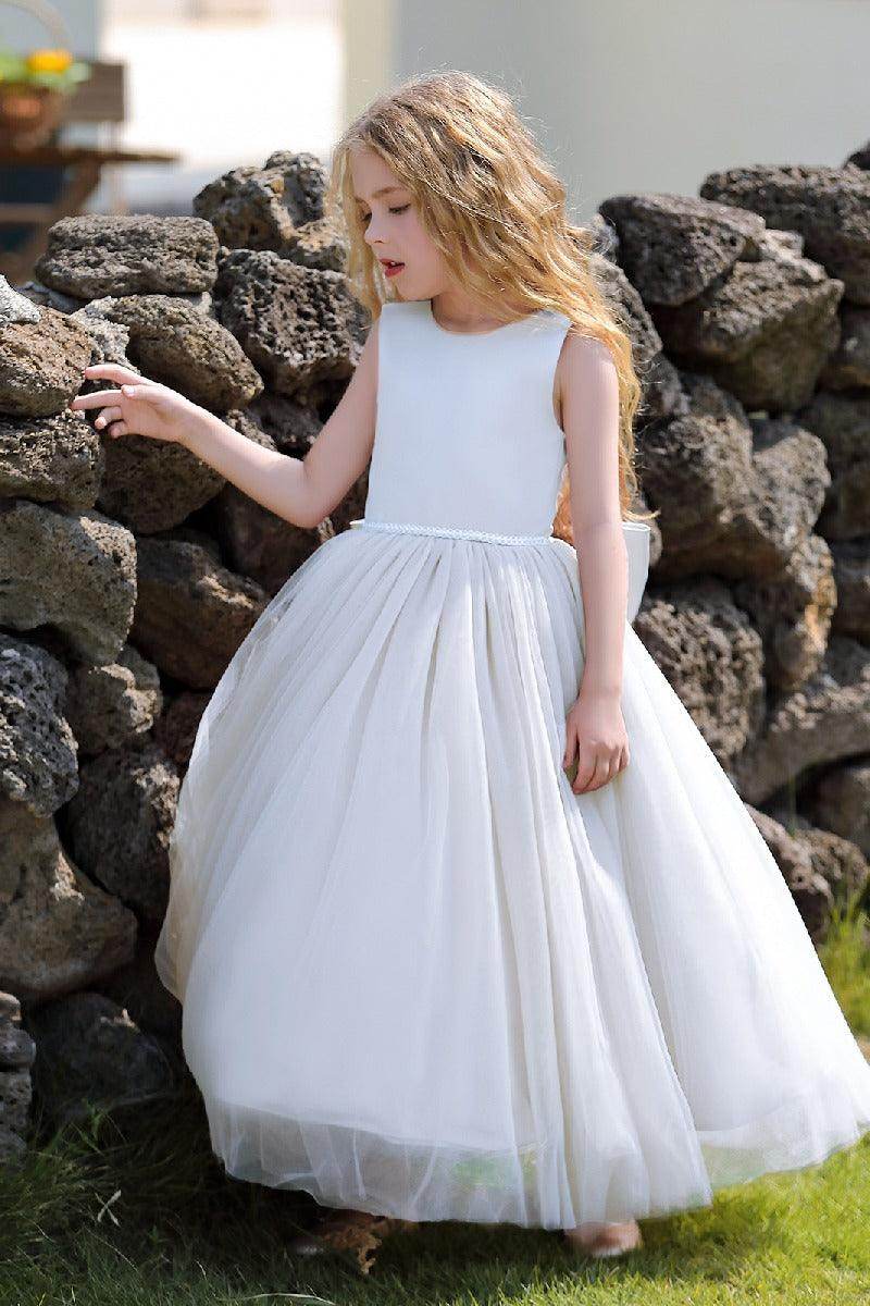 A-Line Scoop Neck Sleeveless Floor-Length Satin/Tulle Flower Girl Dresses With Bow(s) 744500696201 - COCOMELODY